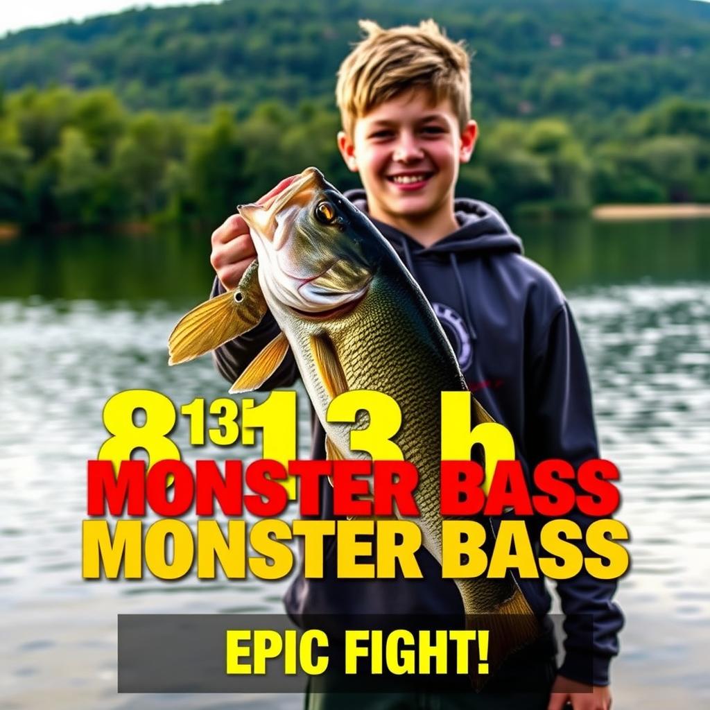 A vertical, vibrant thumbnail featuring a young angler standing on the shore of a picturesque lake, proudly holding a massive 8