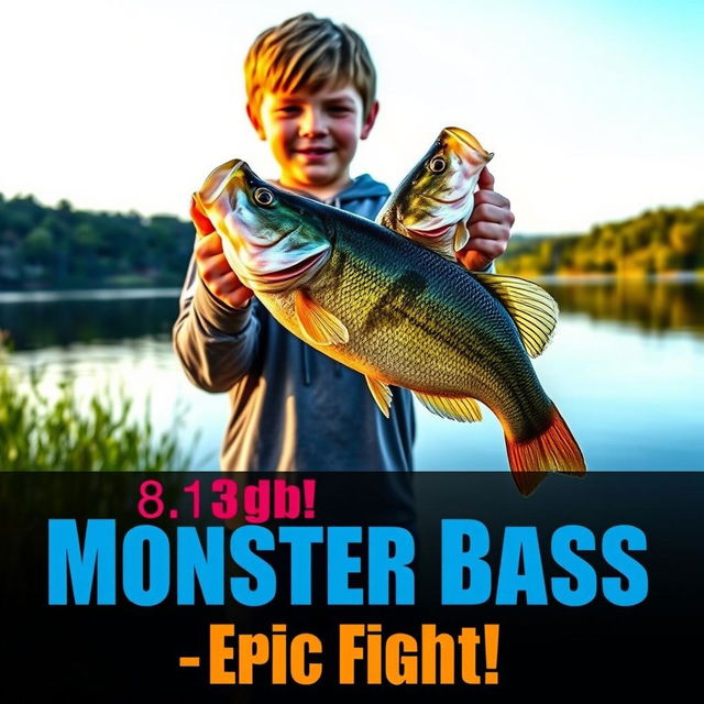 A vertical, vibrant thumbnail featuring a young angler standing on the shore of a picturesque lake, proudly holding a massive 8