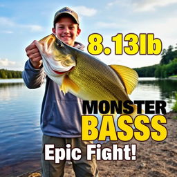 A vertical, vibrant thumbnail featuring a young angler standing on the shore of a picturesque lake, proudly holding a massive 8