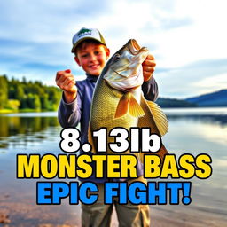 A vertical, vibrant thumbnail featuring a young angler standing on the shore of a picturesque lake, proudly holding a massive 8