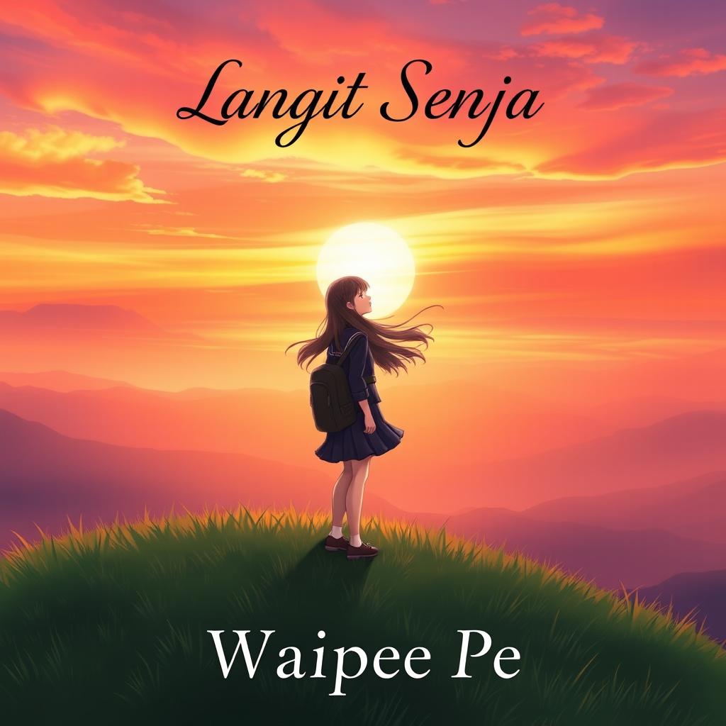 A beautiful novel cover for 'Langit Senja' featuring a high school girl as the main character standing on a lush green hill during a stunning sunset