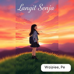 A beautiful novel cover for 'Langit Senja' featuring a high school girl as the main character standing on a lush green hill during a stunning sunset