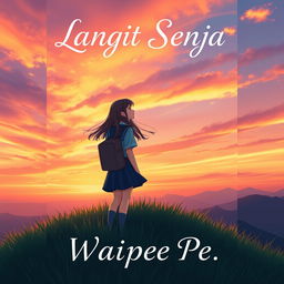 A beautiful novel cover for 'Langit Senja' featuring a high school girl as the main character standing on a lush green hill during a stunning sunset