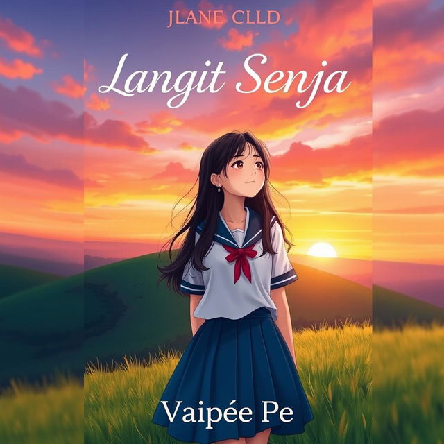 A beautiful novel cover for 'Langit Senja' featuring a high school girl as the main character standing on a lush green hill during a stunning sunset