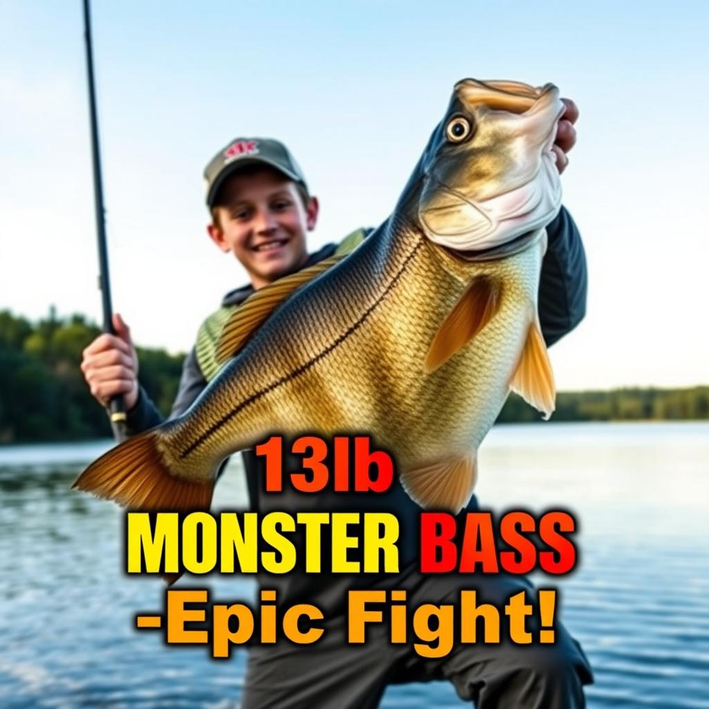 A vertical, vibrant thumbnail showcasing a young angler on the shore of a lake, triumphantly holding a massive 8