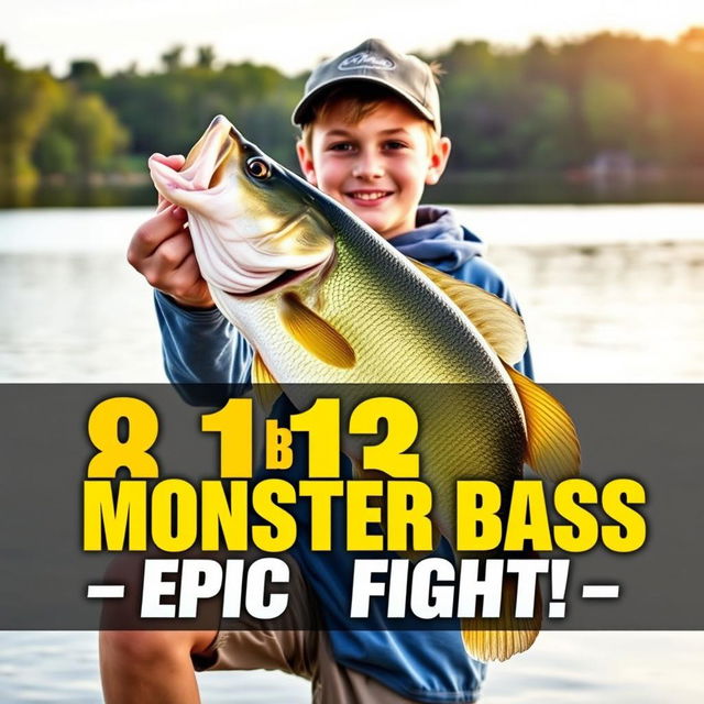 A vertical, vibrant thumbnail showcasing a young angler on the shore of a lake, triumphantly holding a massive 8