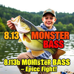 A vertical, vibrant thumbnail showcasing a young angler on the shore of a lake, triumphantly holding a massive 8