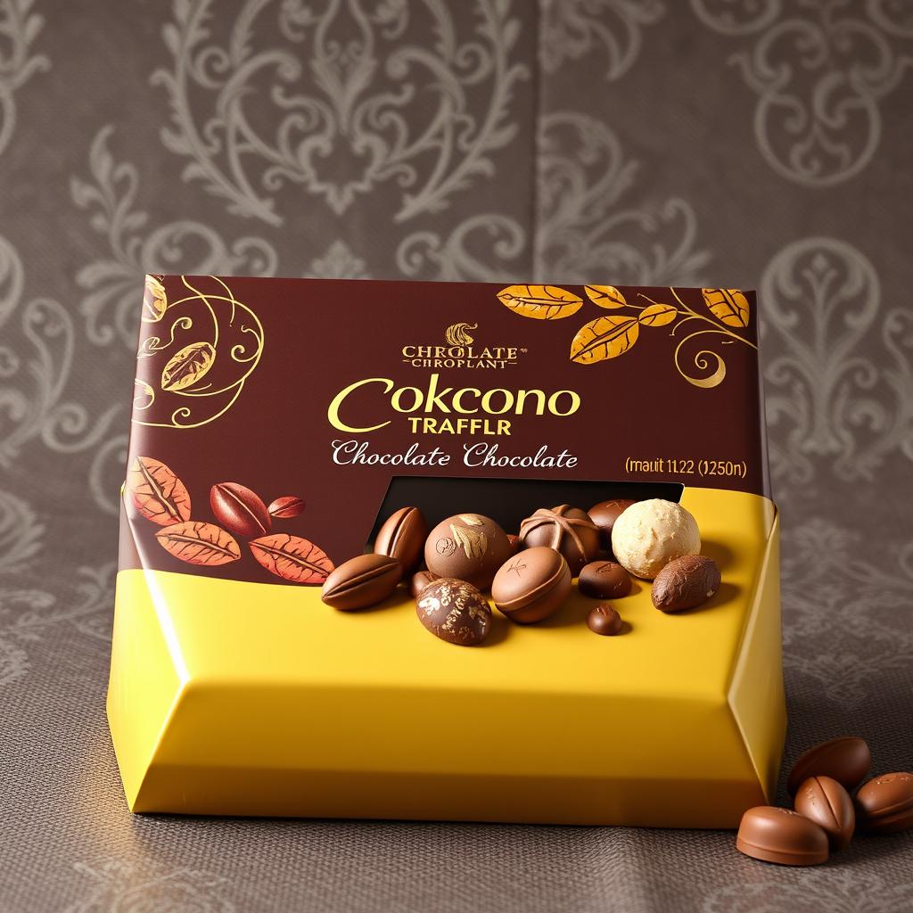 A beautifully designed chocolate wrapper package box, featuring intricate patterns of cocoa beans and rich chocolate colors