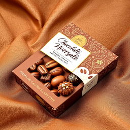 A beautifully designed chocolate wrapper package box, featuring intricate patterns of cocoa beans and rich chocolate colors