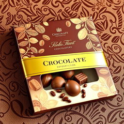 A beautifully designed chocolate wrapper package box, featuring intricate patterns of cocoa beans and rich chocolate colors