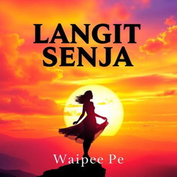 An engaging and visually striking novel cover for 'Langit Senja', featuring a breathtaking sunset that dominates the background with its vivid orange, pink, and purple hues