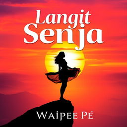 An engaging and visually striking novel cover for 'Langit Senja', featuring a breathtaking sunset that dominates the background with its vivid orange, pink, and purple hues