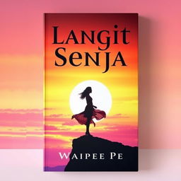 An engaging and visually striking novel cover for 'Langit Senja', featuring a breathtaking sunset that dominates the background with its vivid orange, pink, and purple hues
