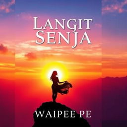 An engaging and visually striking novel cover for 'Langit Senja', featuring a breathtaking sunset that dominates the background with its vivid orange, pink, and purple hues