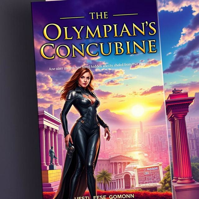 A captivating book cover for 'The Olympian's Concubine', depicting a modern ancient city where Greek gods have forged a hidden sanctuary, shielded from the outside world