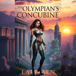 A captivating book cover for 'The Olympian's Concubine', depicting a modern ancient city where Greek gods have forged a hidden sanctuary, shielded from the outside world