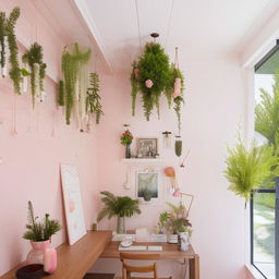 A home office designed with a white wall abundantly covered with fake plants. Additional interiors include elements of soft pink, warm wood, and a primary white theme throughout.