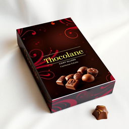 A visually appealing chocolate wrapper package box, showcasing an elegant design that combines rich, dark chocolate colors with vibrant, swirling patterns reminiscent of cocoa swirls