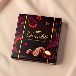 A visually appealing chocolate wrapper package box, showcasing an elegant design that combines rich, dark chocolate colors with vibrant, swirling patterns reminiscent of cocoa swirls