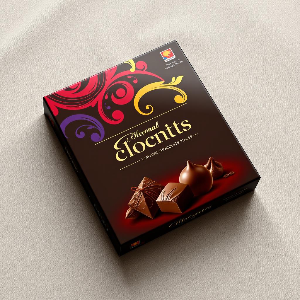 A visually appealing chocolate wrapper package box, showcasing an elegant design that combines rich, dark chocolate colors with vibrant, swirling patterns reminiscent of cocoa swirls