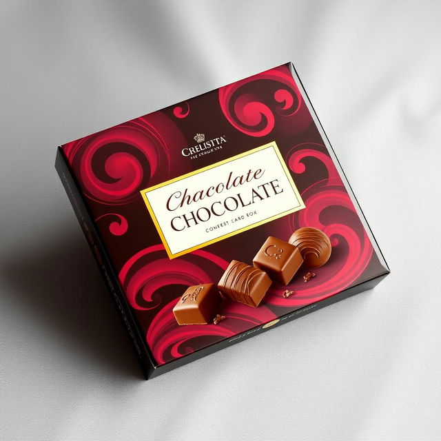 A visually appealing chocolate wrapper package box, showcasing an elegant design that combines rich, dark chocolate colors with vibrant, swirling patterns reminiscent of cocoa swirls