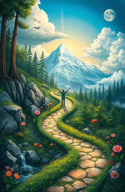 An artistic representation of a metaphorical journey through life, illustrating various struggles and the process of personal growth