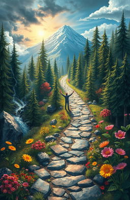 An artistic representation of a metaphorical journey through life, illustrating various struggles and the process of personal growth