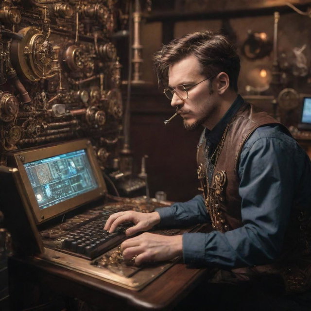 A steampunk e-Sports gamer surrounded by a array of steam-powered, gear-loaded hardware. The player is seen focused on a brass-framed monitor while manipulating a Stylized, vintage keyboard and mouse, with gear-revealing glass panes and copper piping threads.