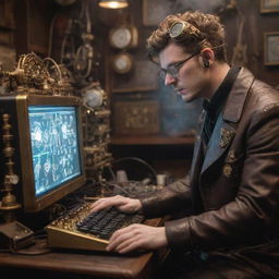 A steampunk e-Sports gamer surrounded by a array of steam-powered, gear-loaded hardware. The player is seen focused on a brass-framed monitor while manipulating a Stylized, vintage keyboard and mouse, with gear-revealing glass panes and copper piping threads.