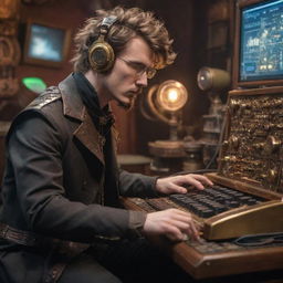 A steampunk e-Sports gamer surrounded by a array of steam-powered, gear-loaded hardware. The player is seen focused on a brass-framed monitor while manipulating a Stylized, vintage keyboard and mouse, with gear-revealing glass panes and copper piping threads.