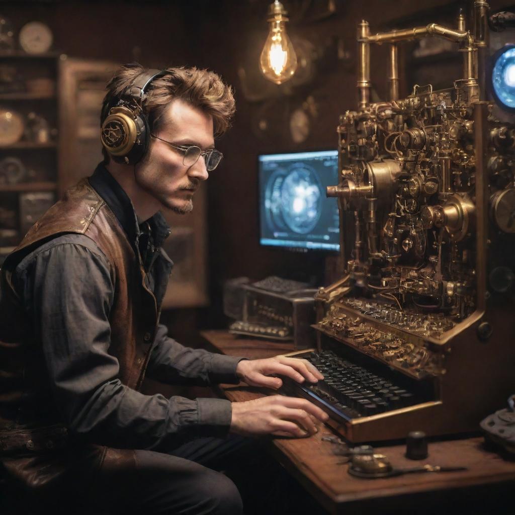 A steampunk e-Sports gamer surrounded by a array of steam-powered, gear-loaded hardware. The player is seen focused on a brass-framed monitor while manipulating a Stylized, vintage keyboard and mouse, with gear-revealing glass panes and copper piping threads.