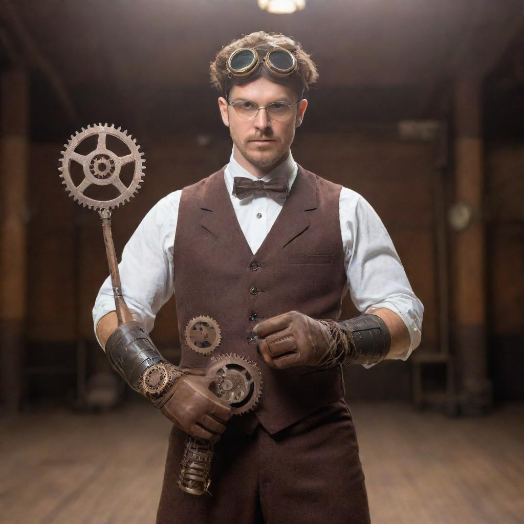 Steampunk racquet sports player, geared up in Victorian athletic attire, with leather gloves and goggles. Holding a unique racket made of metal and wood, adorned with gears and cogs, preparing to serve a cogwheel inspired ball in a vintage gymnasium.