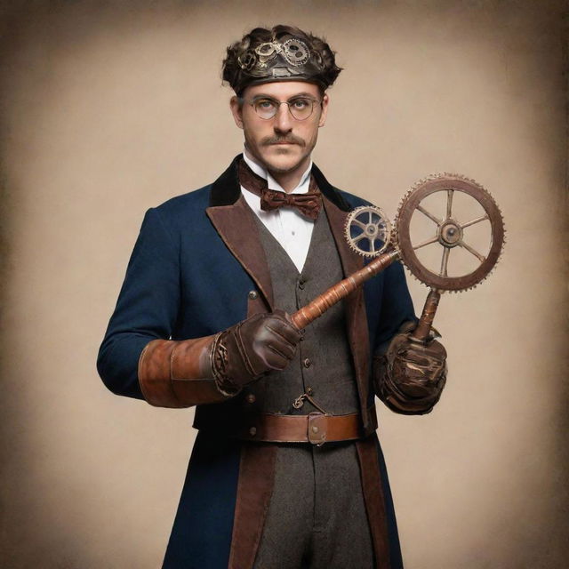 Steampunk racquet sports player, geared up in Victorian athletic attire, with leather gloves and goggles. Holding a unique racket made of metal and wood, adorned with gears and cogs, preparing to serve a cogwheel inspired ball in a vintage gymnasium.