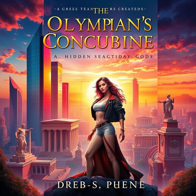 A striking book cover for 'The Olympian's Concubine', depicting a hidden sanctuary created by Greek gods, seamlessly blending modern and ancient elements in a captivating cityscape