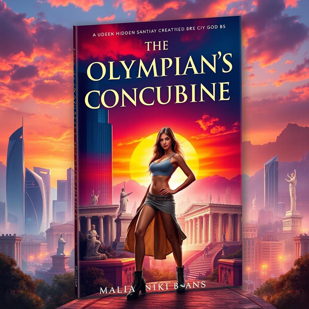 A striking book cover for 'The Olympian's Concubine', depicting a hidden sanctuary created by Greek gods, seamlessly blending modern and ancient elements in a captivating cityscape