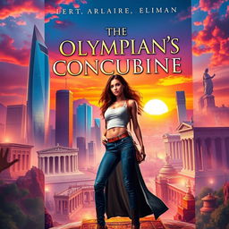 A striking book cover for 'The Olympian's Concubine', depicting a hidden sanctuary created by Greek gods, seamlessly blending modern and ancient elements in a captivating cityscape