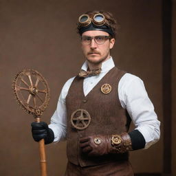 Steampunk racquet sports player, geared up in Victorian athletic attire, with leather gloves and goggles. Holding a unique racket made of metal and wood, adorned with gears and cogs, preparing to serve a cogwheel inspired ball in a vintage gymnasium.