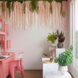 A home office designed with a white wall abundantly covered with fake plants. Additional interiors include elements of soft pink, warm wood, and a primary white theme throughout.