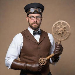 Steampunk racquet sports player, geared up in Victorian athletic attire, with leather gloves and goggles. Holding a unique racket made of metal and wood, adorned with gears and cogs, preparing to serve a cogwheel inspired ball in a vintage gymnasium.