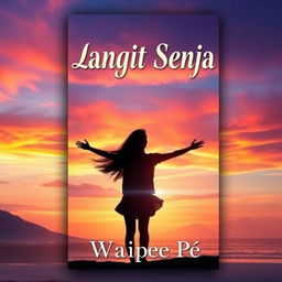 An eye-catching novel cover for 'Langit Senja', featuring a breathtaking sunset over a serene landscape
