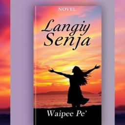An eye-catching novel cover for 'Langit Senja', featuring a breathtaking sunset over a serene landscape