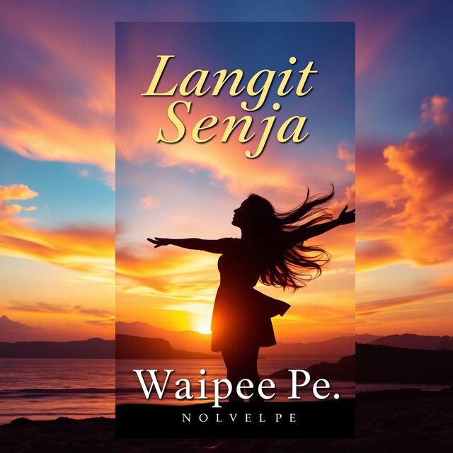 An eye-catching novel cover for 'Langit Senja', featuring a breathtaking sunset over a serene landscape