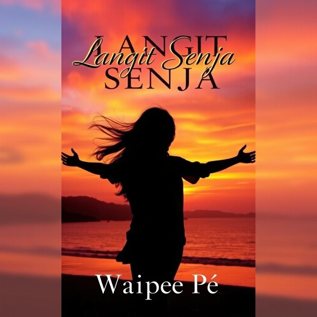 An eye-catching novel cover for 'Langit Senja', featuring a breathtaking sunset over a serene landscape