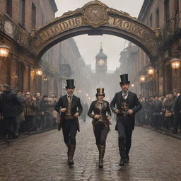 A steampunk marathon, featuring runners in Victorian-era inspired attire with mechanized running aides. The backdrop is a cobbled street infused with steam-punk elements like brass lamps and cogwork banners, and the finish line marked by a grand, clockwork arch.