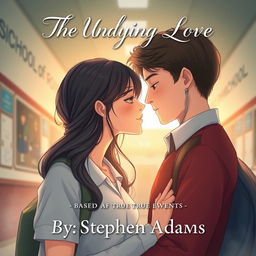 A beautiful illustration of a couple of teenage school students gazing deeply into each other's eyes, radiating complete love and obsession