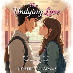 A beautiful illustration of a couple of teenage school students gazing deeply into each other's eyes, radiating complete love and obsession