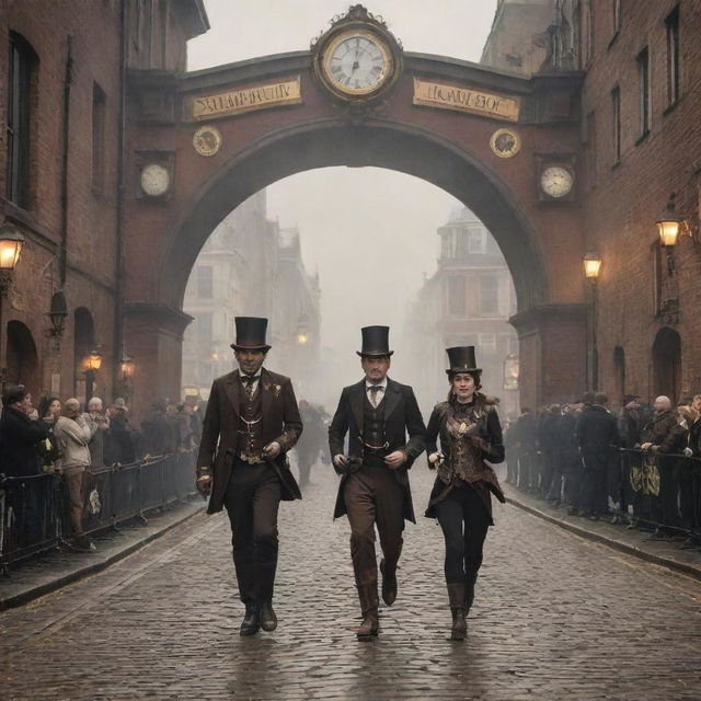 A steampunk marathon, featuring runners in Victorian-era inspired attire with mechanized running aides. The backdrop is a cobbled street infused with steam-punk elements like brass lamps and cogwork banners, and the finish line marked by a grand, clockwork arch.