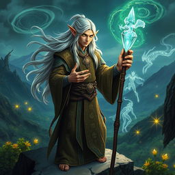 A powerful elf mage capable of summoning mystical creatures, standing on a rocky cliff overlooking an enchanted valley