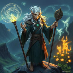 A powerful elf mage capable of summoning mystical creatures, standing on a rocky cliff overlooking an enchanted valley