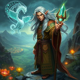 A powerful elf mage capable of summoning mystical creatures, standing on a rocky cliff overlooking an enchanted valley